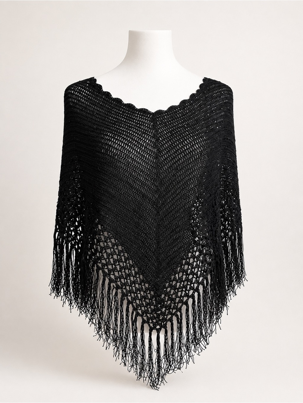 Vintage Black Crochet Sequin Fringe Poncho Shawl OS